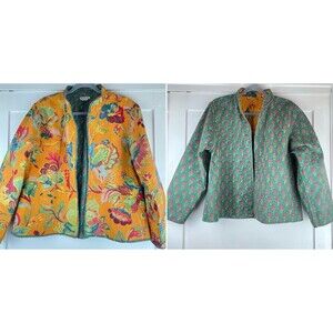 Handprint Long Sleeve Open Front Jacket Women’s M/L Orange Green Floral Cotton